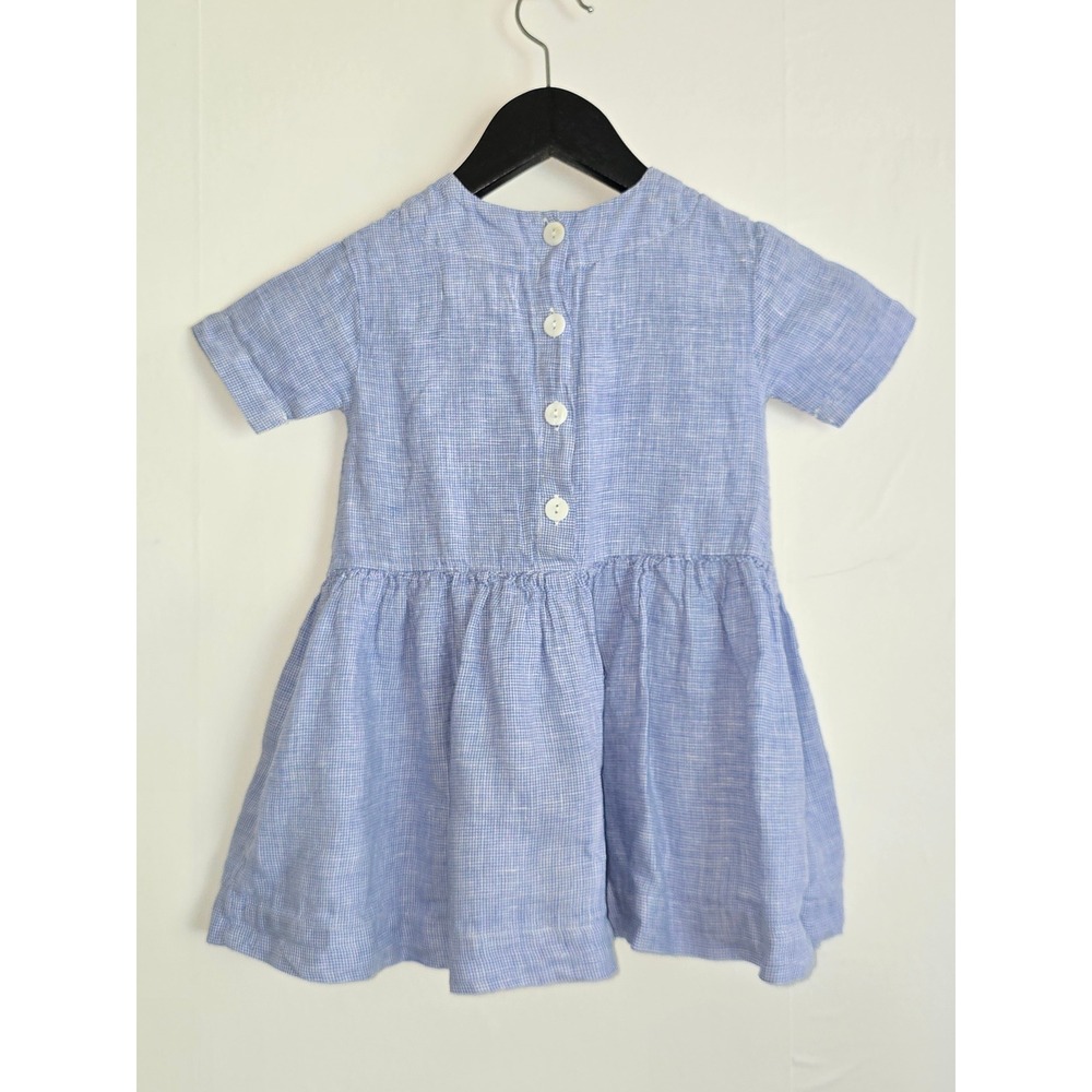 As We Grow Girls 100% Linen Dress 18 months Blue Micro Check Pockets coastal - Picture 2 of 7